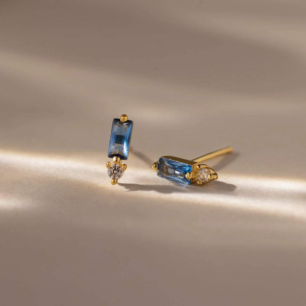 Blue Zircon Baguette Cut Drop Studs Silver 18K Gold Plated