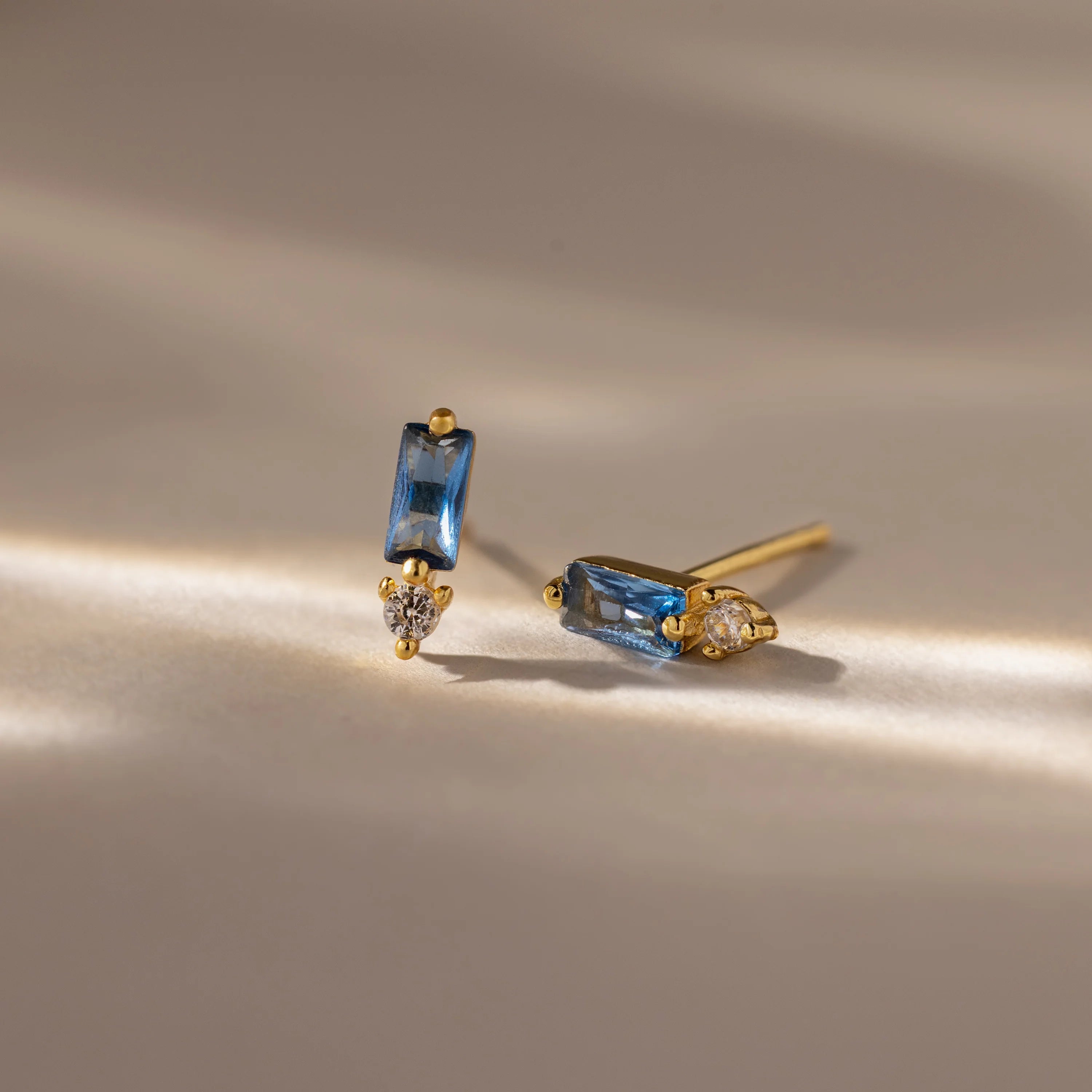 Blue Zircon Baguette Cut Drop Studs Silver 18K Gold Plated