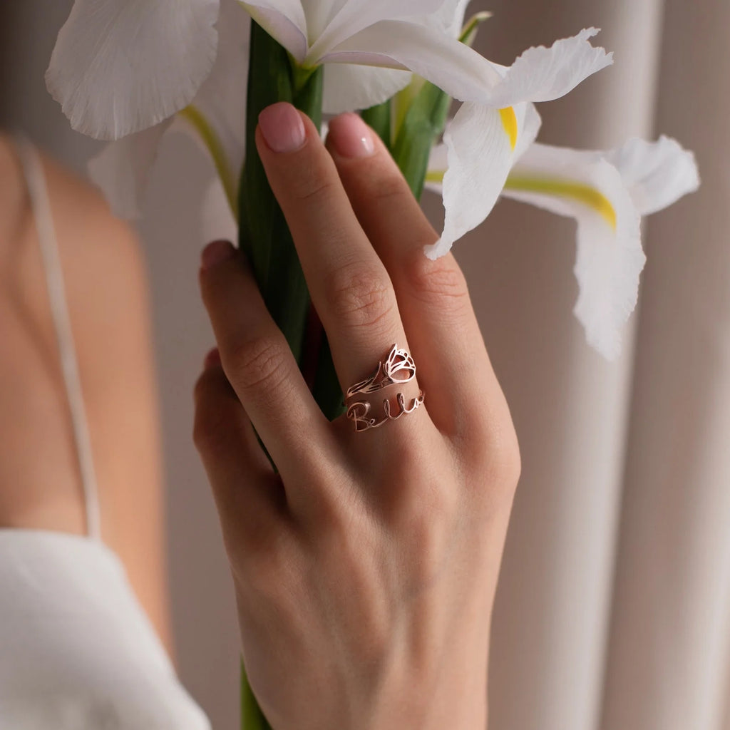 Birth Flower Name Ring Silver 18K Gold Plated
