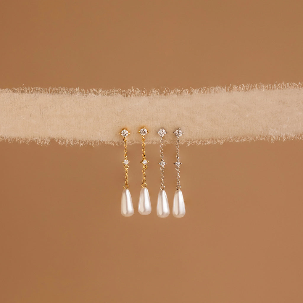 Diamond Pearl Chain Earrings Silver 18K Gold Plated