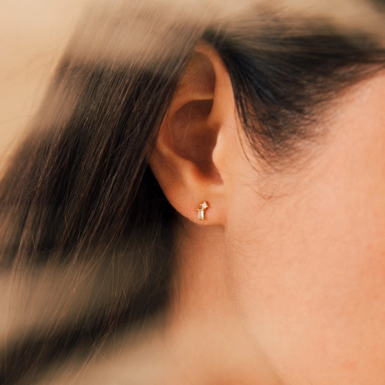 Round & Baguette Diamond Drop Studs Silver 18K Gold Plated