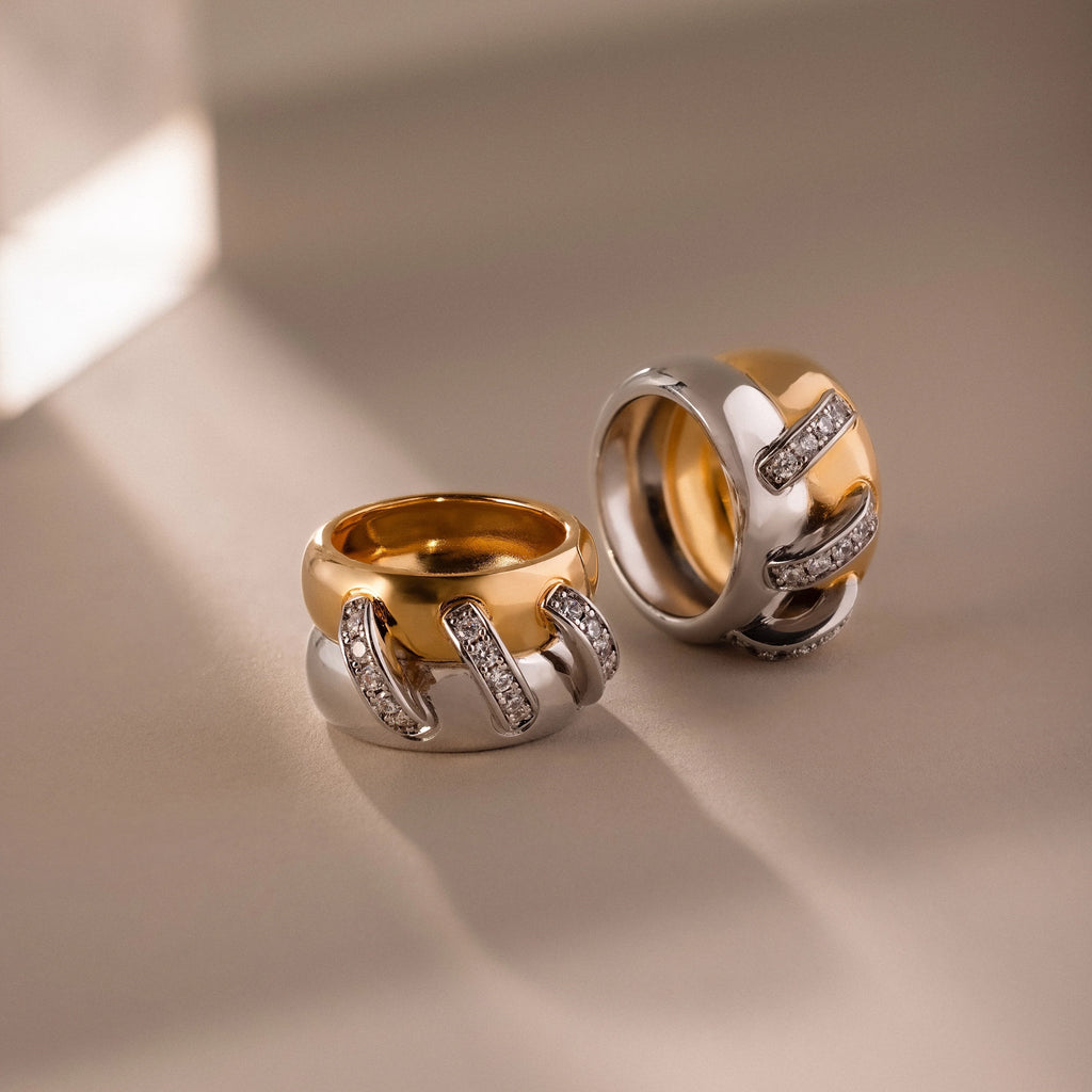 Diamond Mixed Metal Link Ring Silver 18K Gold Plated