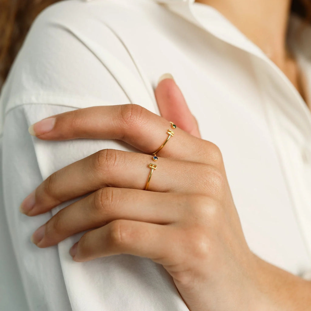 Modern Initial Birthstone Ring Silver 18K Gold Plated
