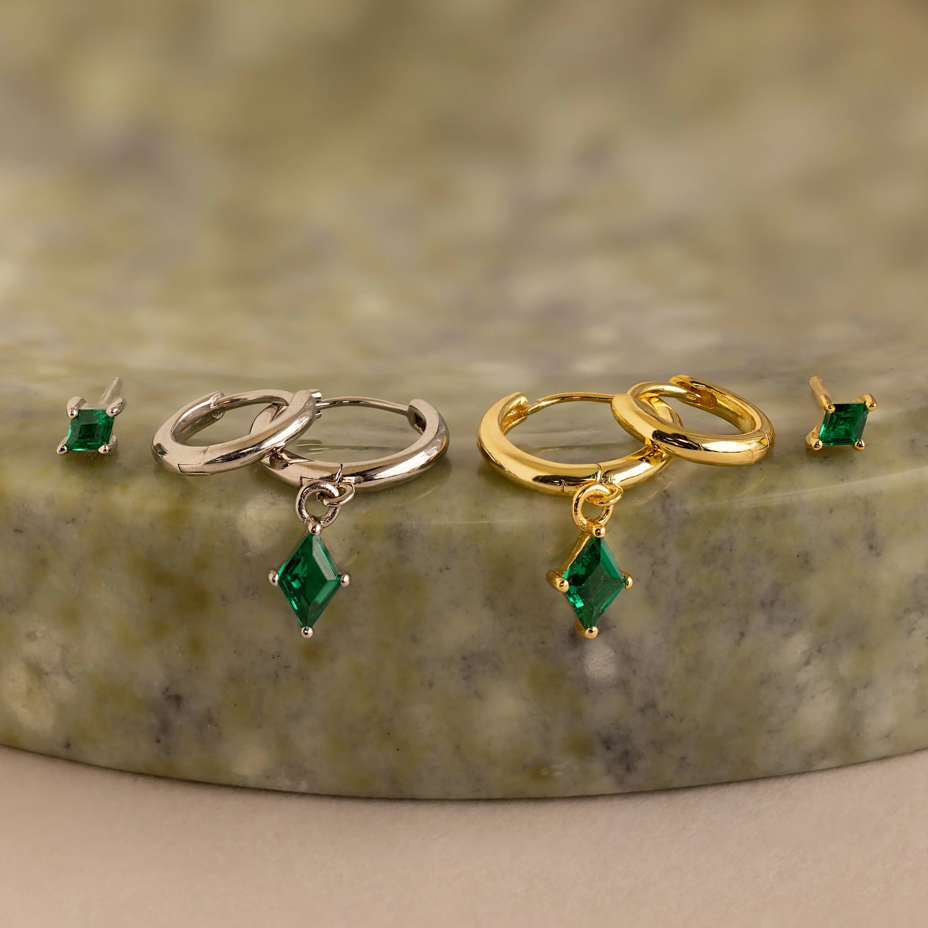 Emerald Earrings Set Silver 18K Gold Plated