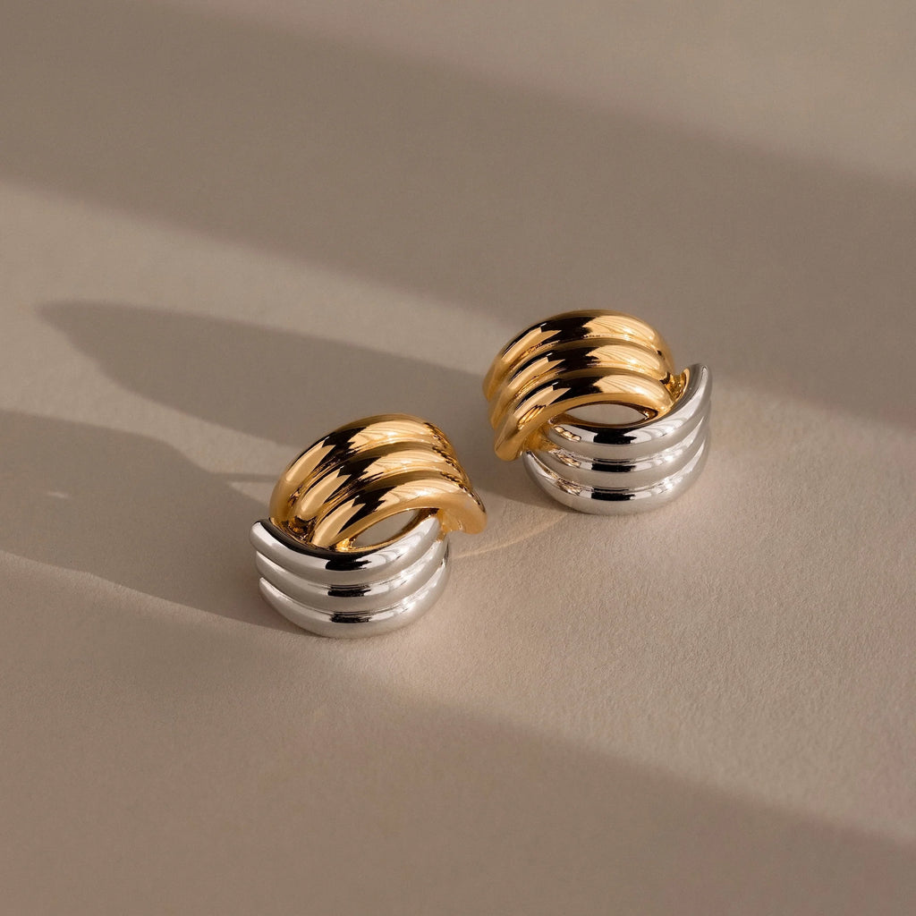 Ribbed Mixed Metal Studs Silver 18K Gold Plated