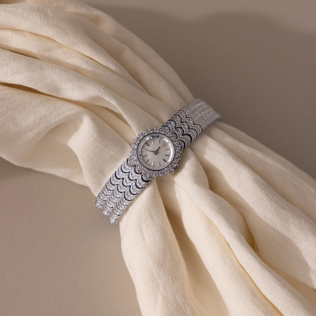 Diamond Pave Scalloped Timepiece Silver 18K Gold Plated