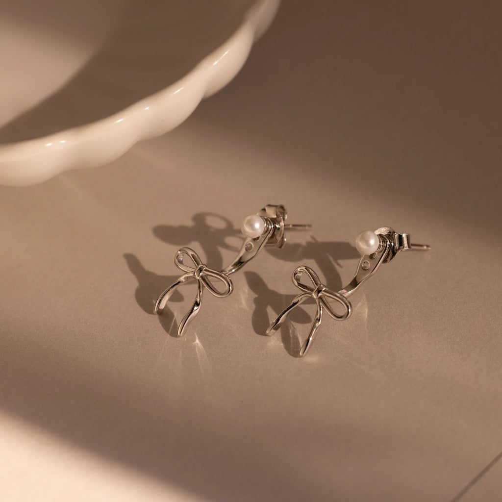 Pearl Bow Ear Jackets Silver 18K Gold Plated