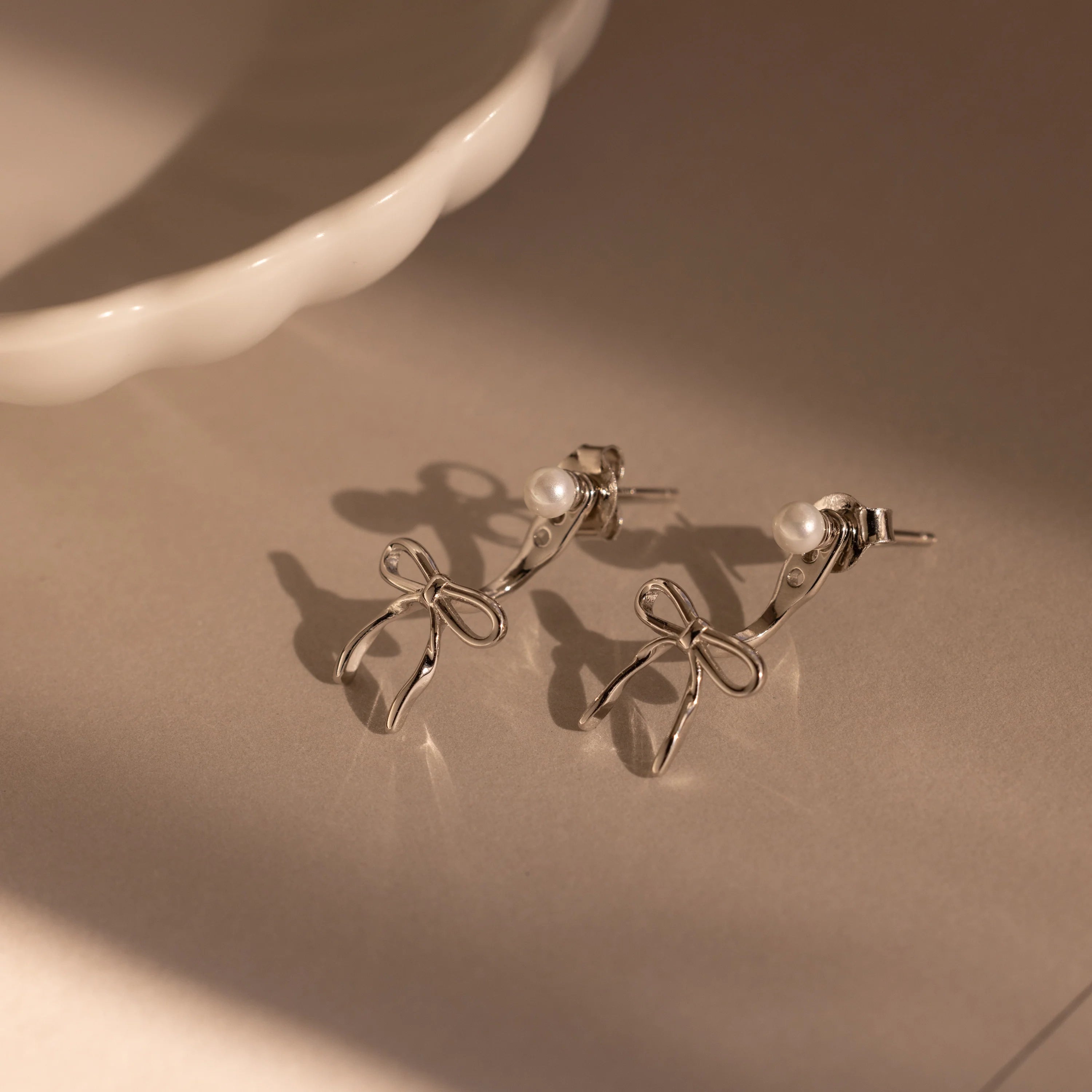 Pearl Bow Ear Jackets Silver 18K Gold Plated