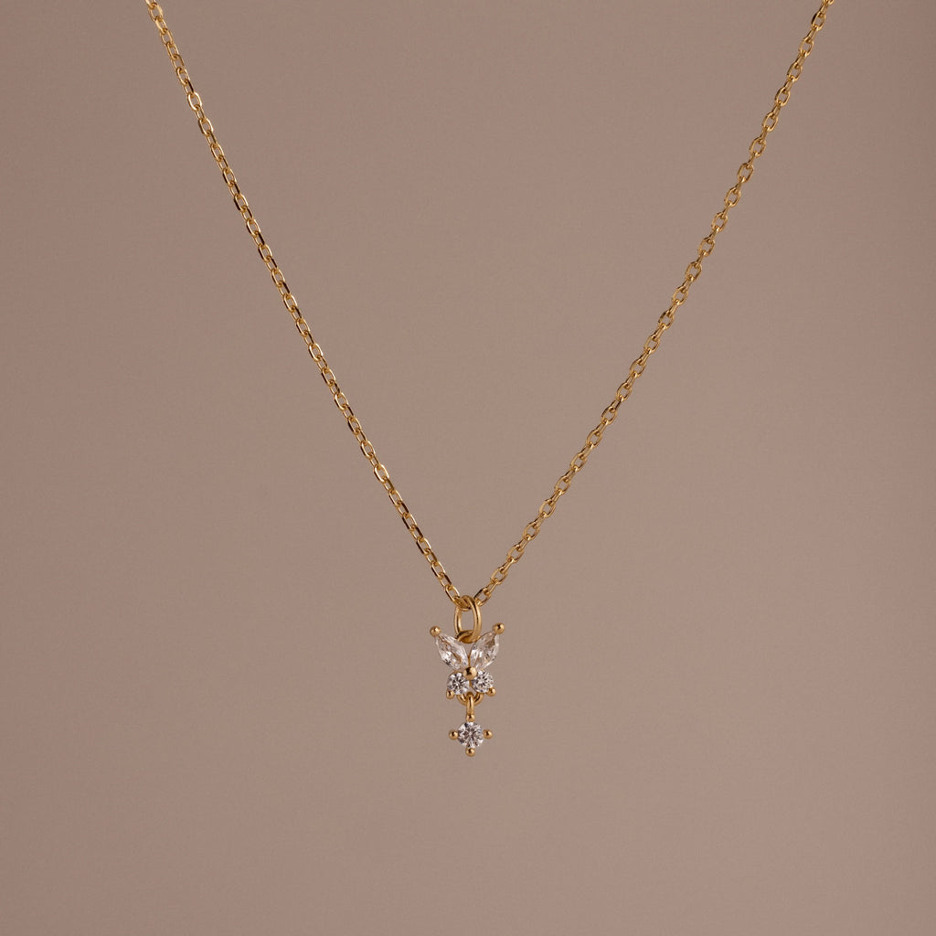Diamond Butterfly Drop Necklace Silver 18K Gold Plated
