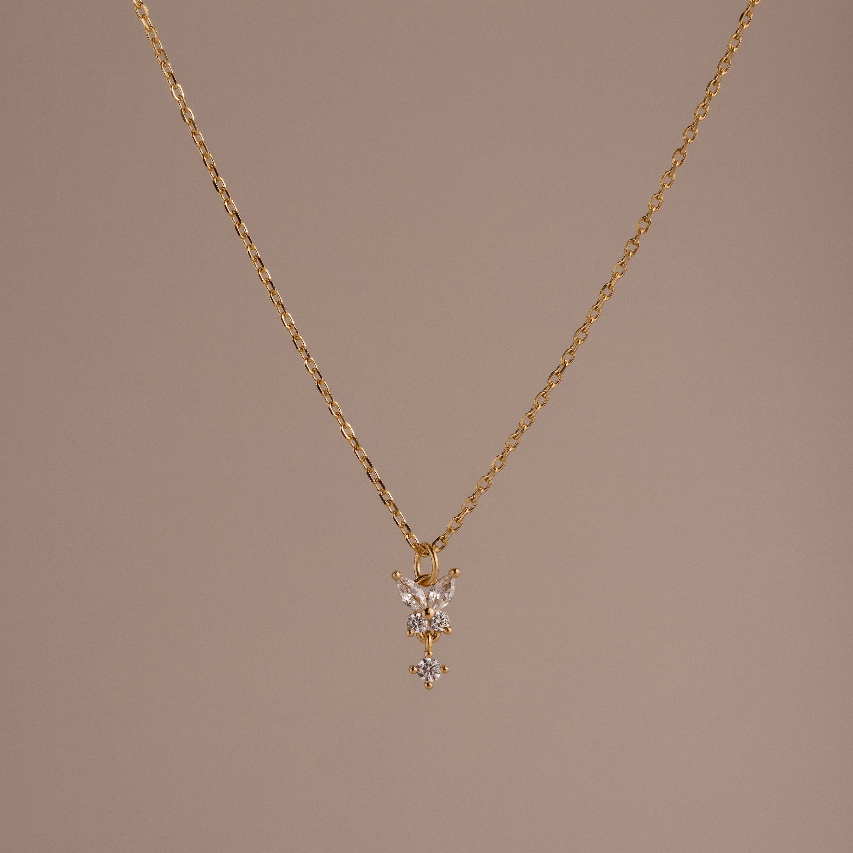 Diamond Butterfly Drop Necklace Silver 18K Gold Plated