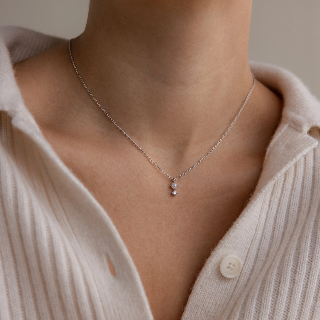 Diamond Pearl Drop Necklace Silver 18K Gold Plated