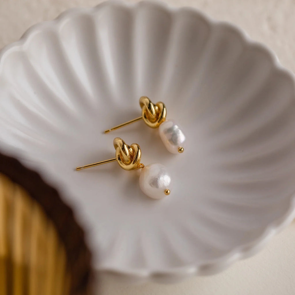 Knot Pearl Drop Earrings Silver 18K Gold Plated