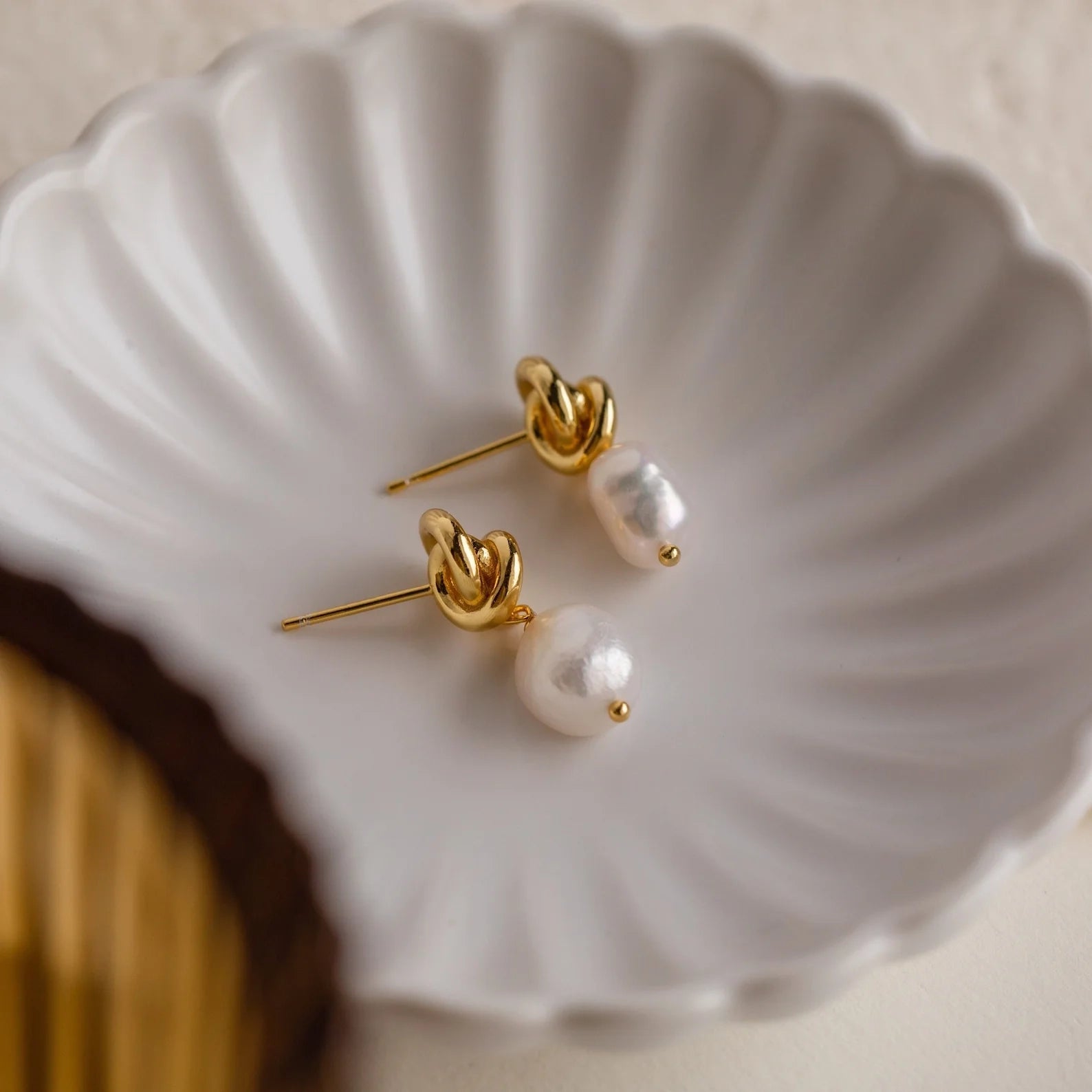 Knot Pearl Drop Earrings Silver 18K Gold Plated