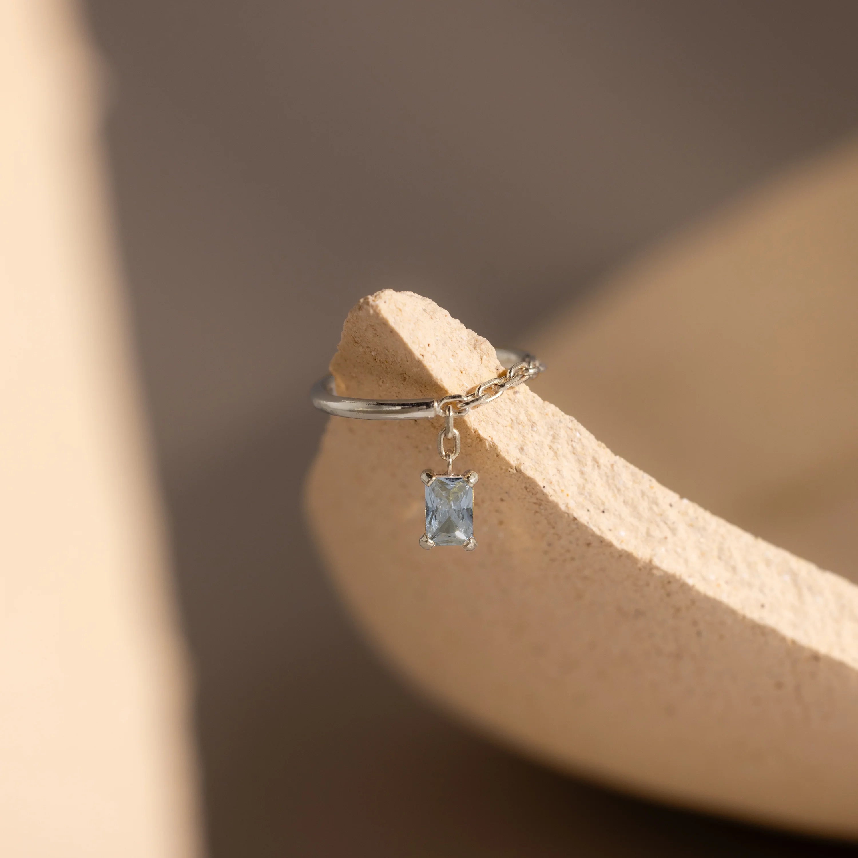 Aquamarine Drop Chain Ring Silver 18K Gold Plated