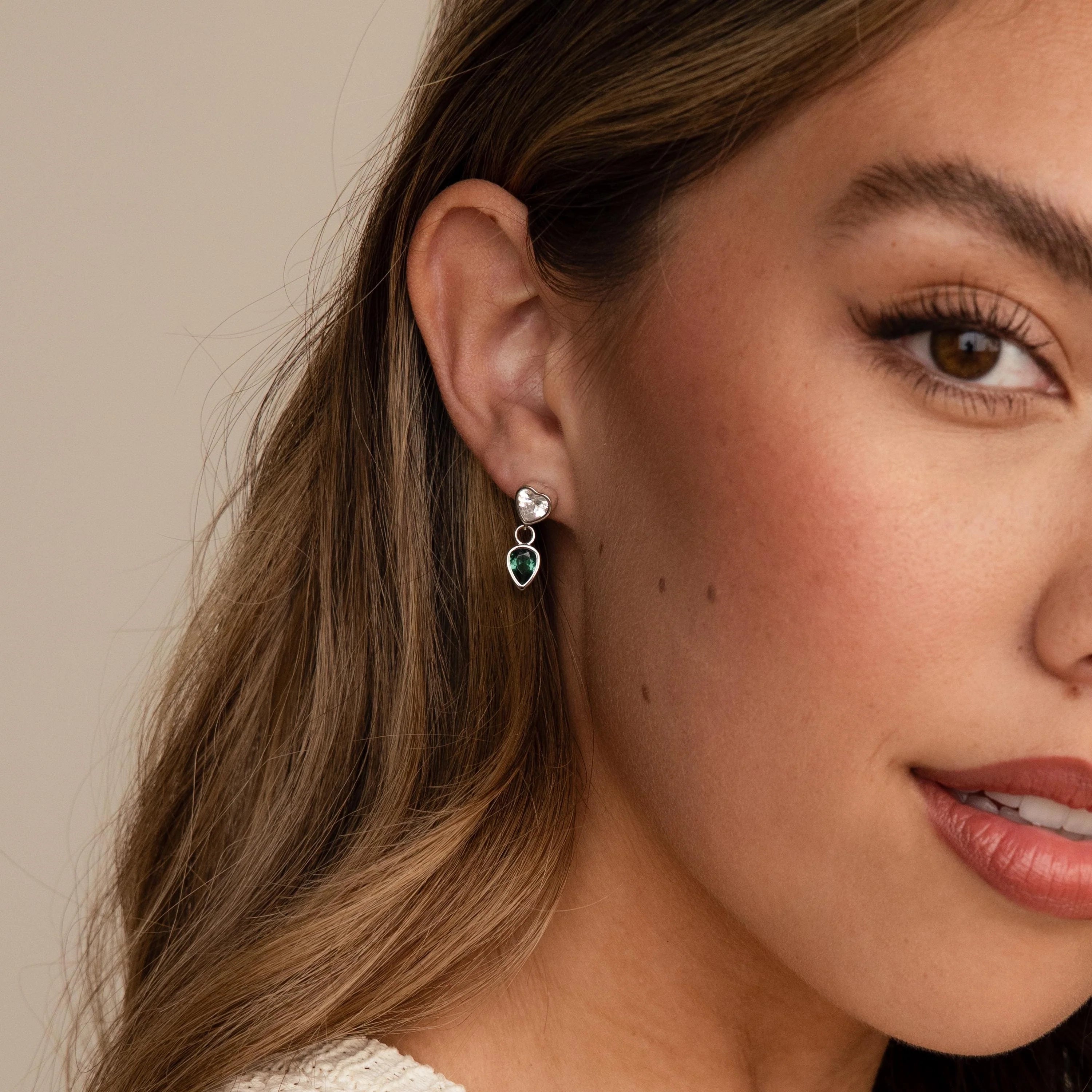 Emerald Heart Drop Studs Silver 18K Gold Plated