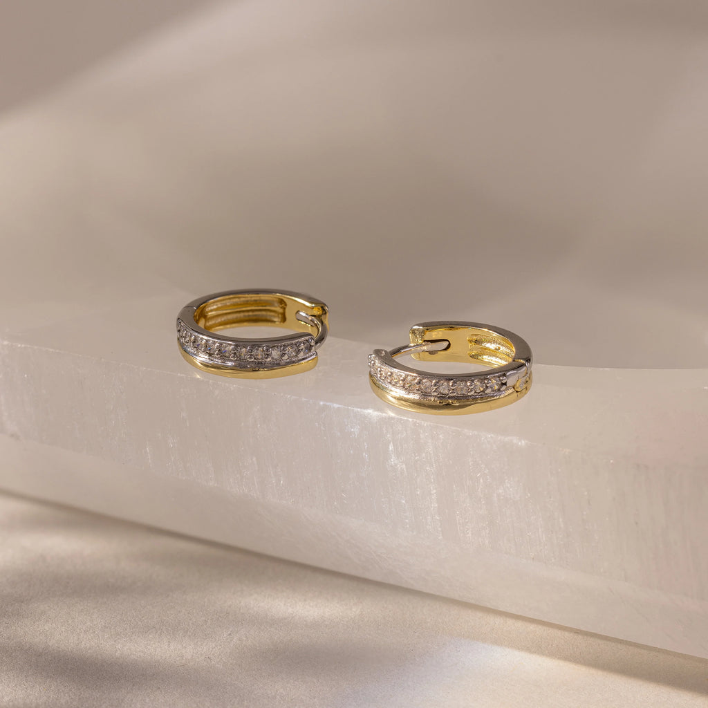 Half Pave Huggies in Mixed Metal Silver 18K Gold Plated