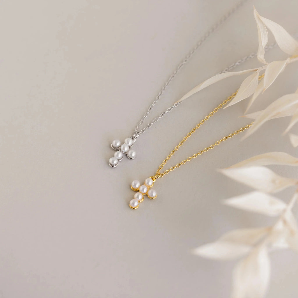 Pearl Cross Necklace Silver 18K Gold Plated