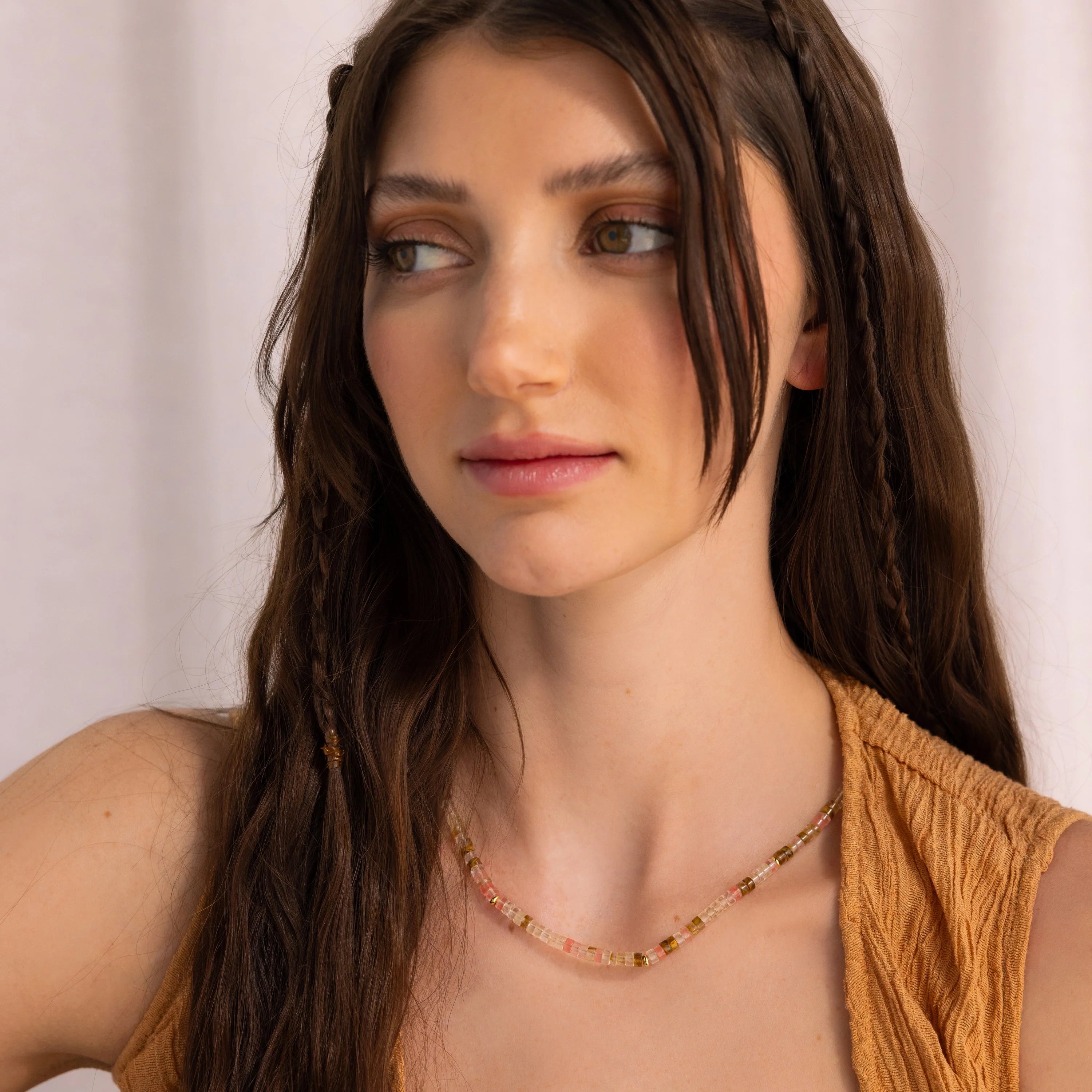 Rose Quartz Beaded Necklace Silver 18K Gold Plated