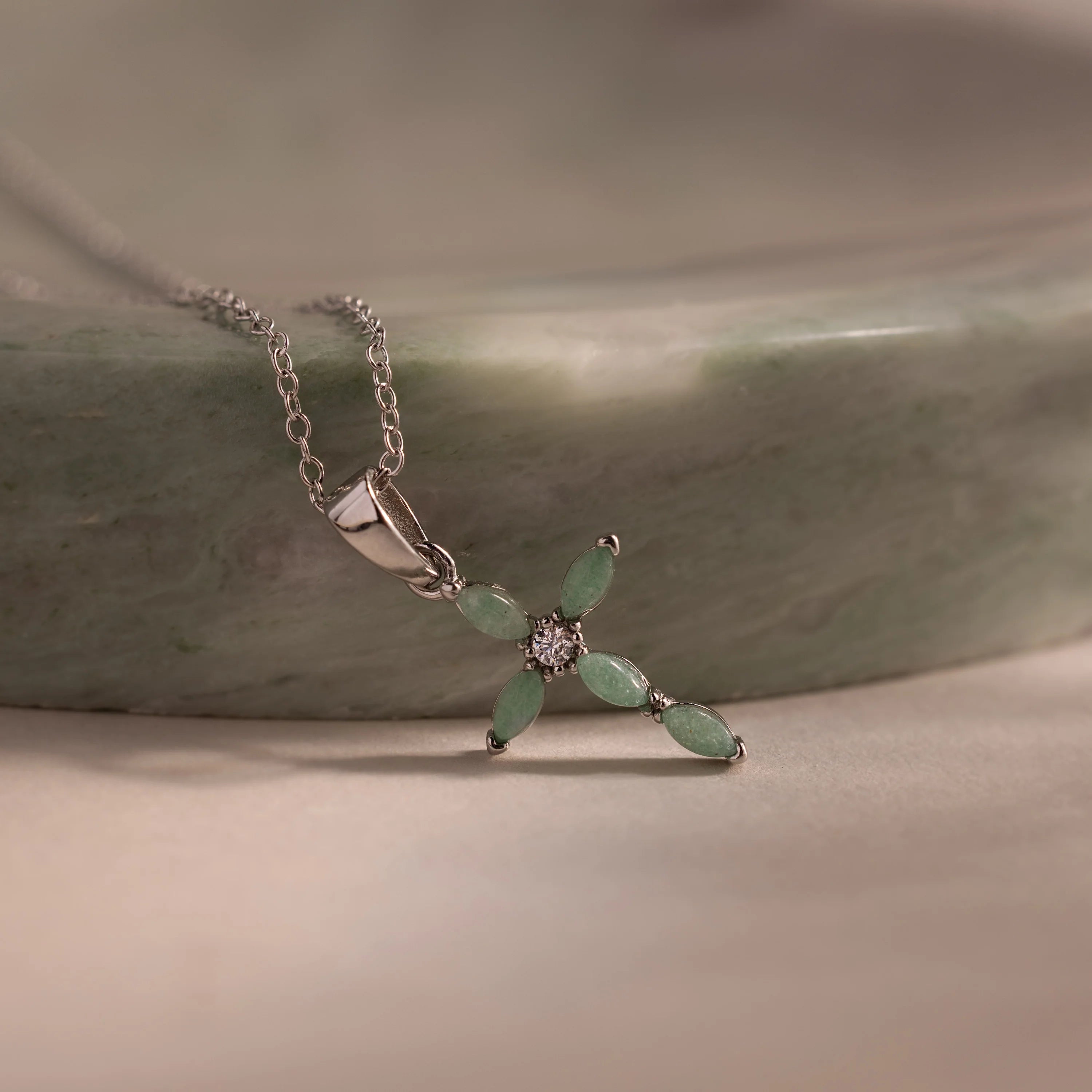 Marquise Jade Cross Necklace Silver 18K Gold Plated