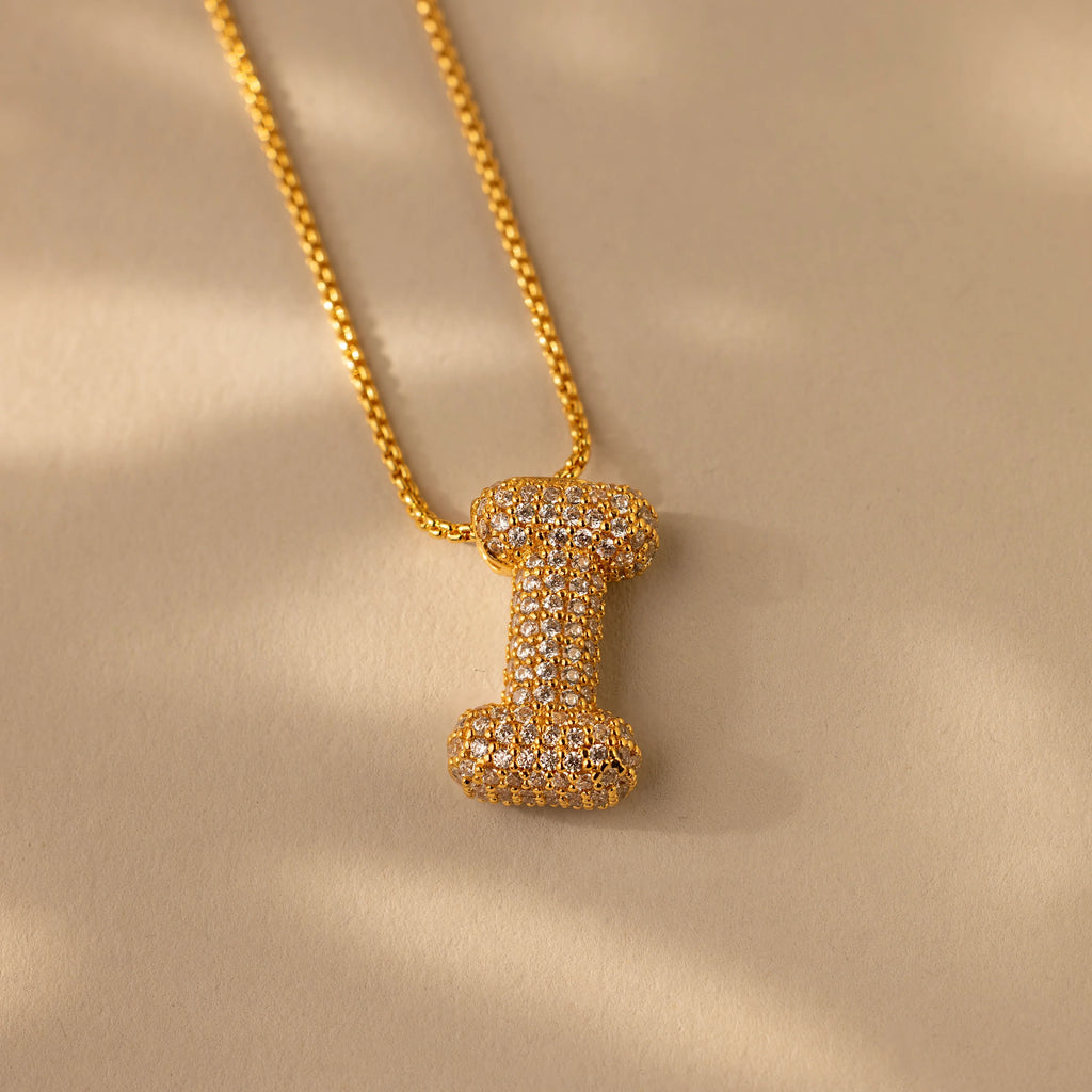 Pave Puff Letter Necklace Silver 18K Gold Plated