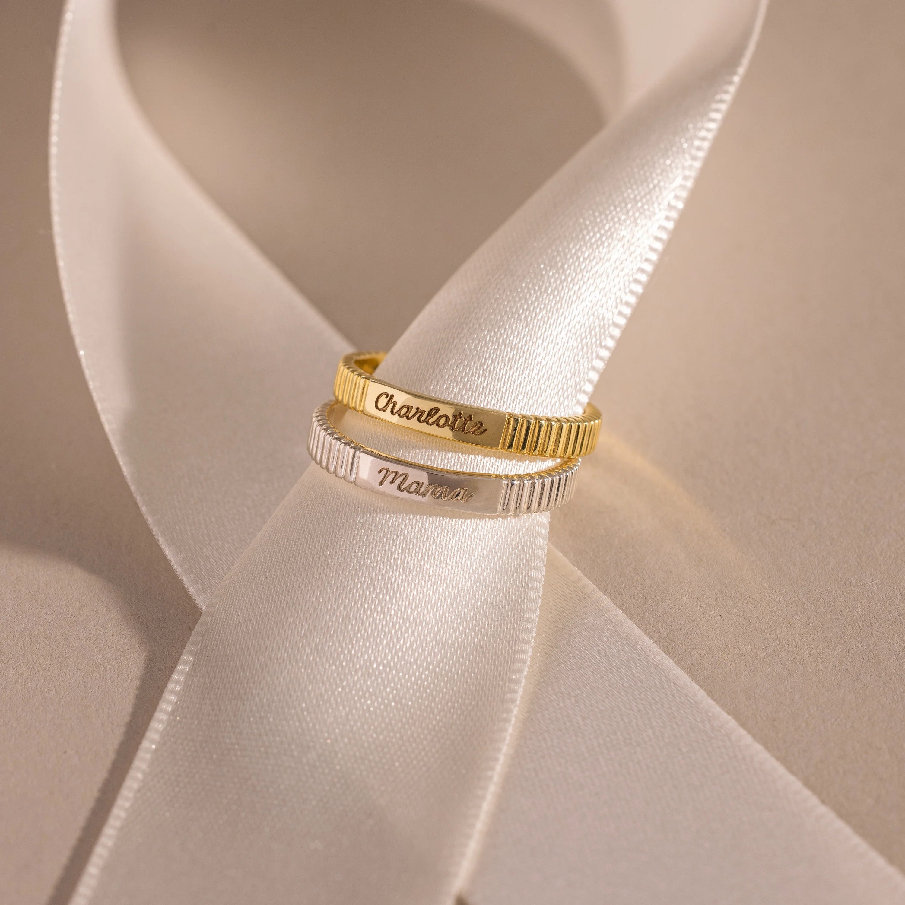 Ribbed Name Ring Silver 18K Gold Plated