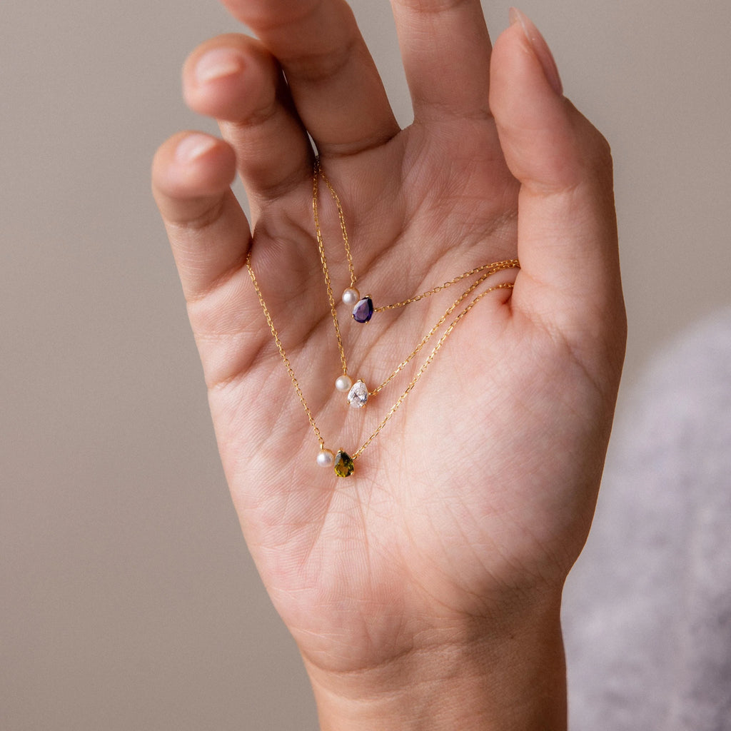 Teardrop Topaz Pearl Necklace Silver 18K Gold Plated