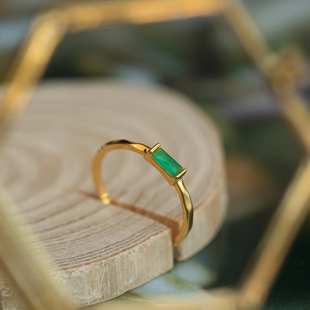 Jade Baguette Ring Silver 18K Gold Plated