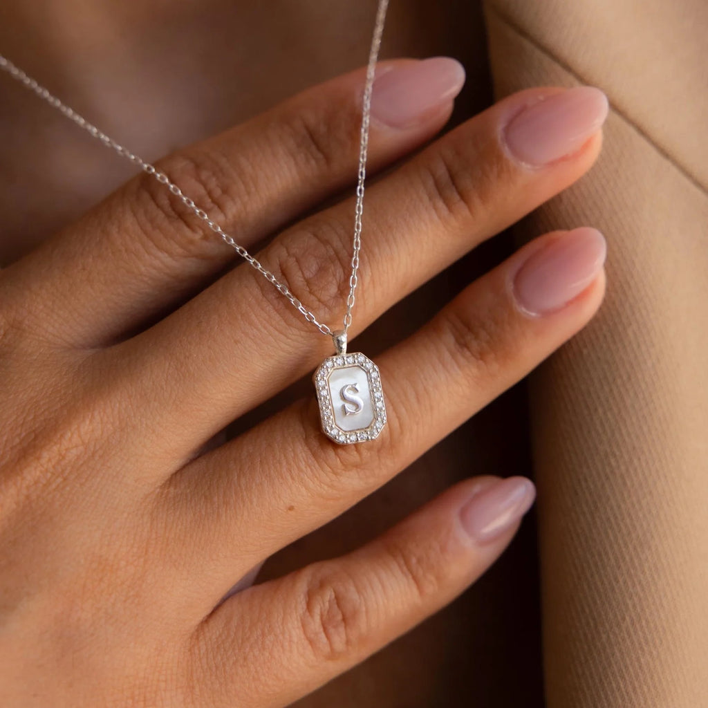 Pave Gemstone Initial Necklace  Silver 18K Gold Plated