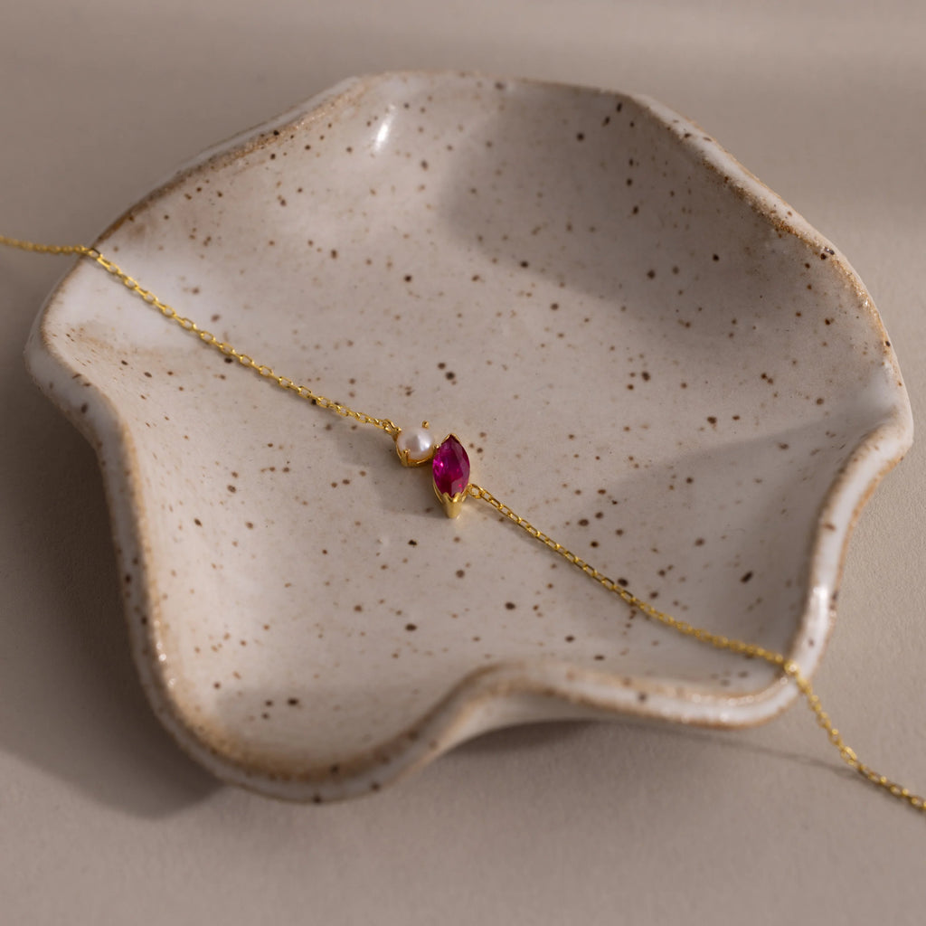 Marquise Ruby & Pearl Bracelet Silver 18K Gold Plated