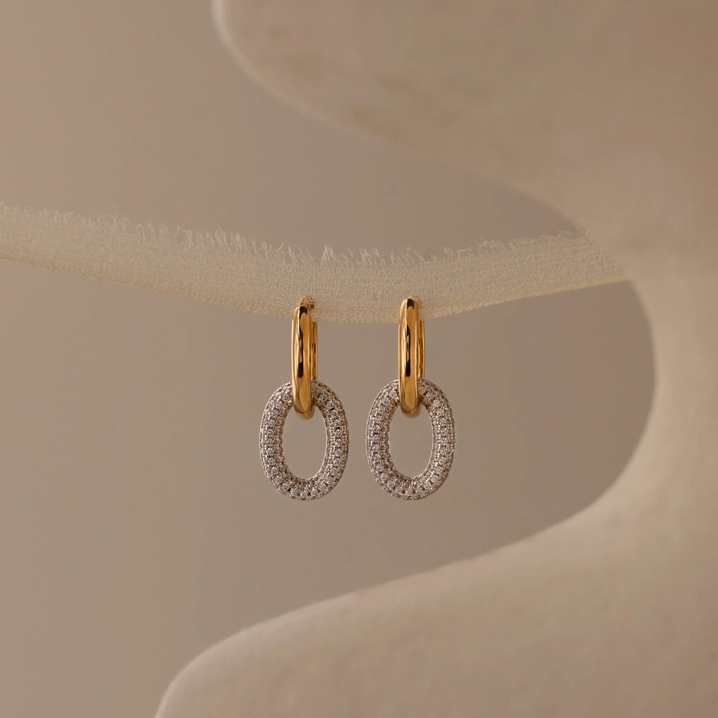 Mixed Metal Linked Pave Diamonds Hoops Silver 18K Gold Plated