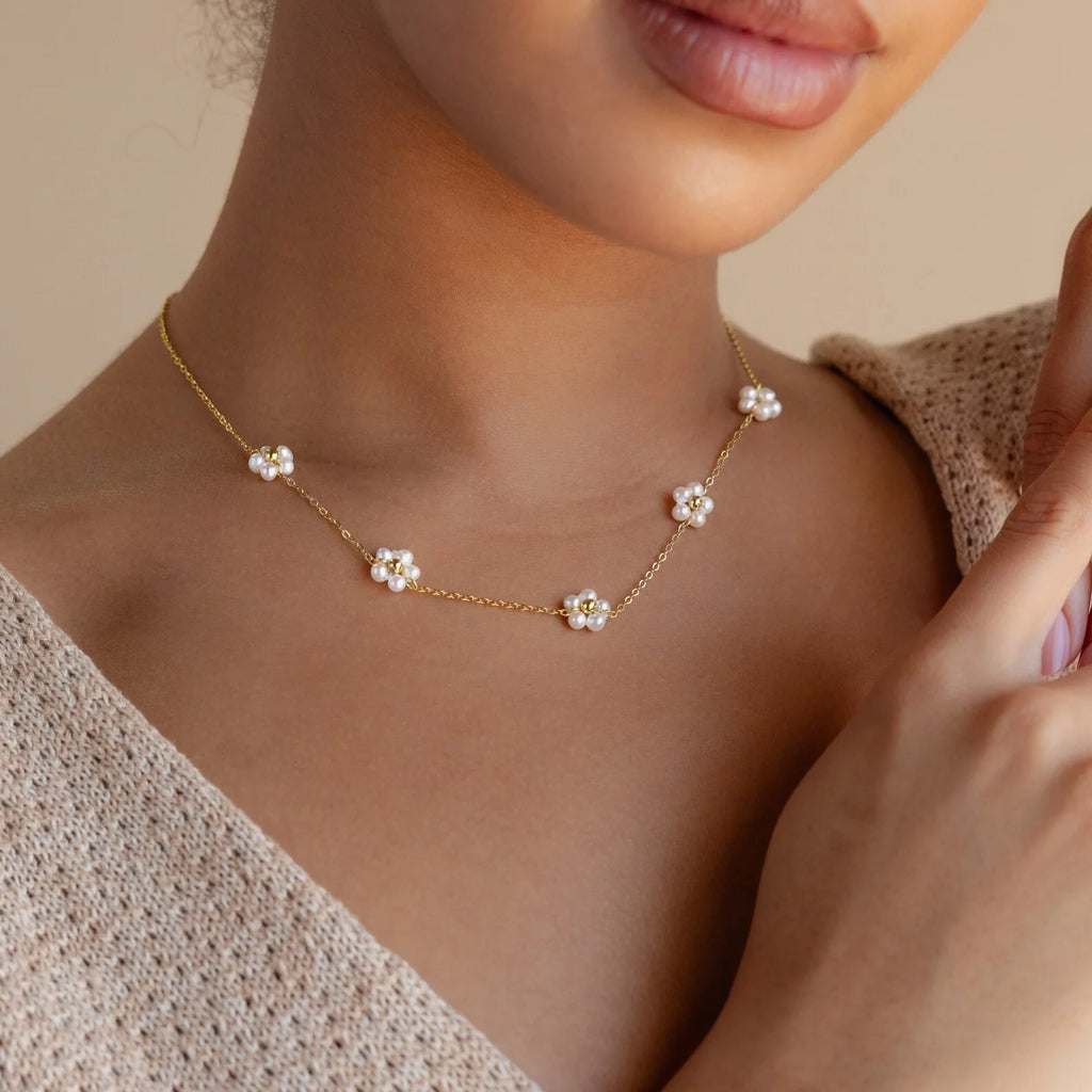 Beaded Pearl Flowers Station Necklace Silver 18K Gold Plated