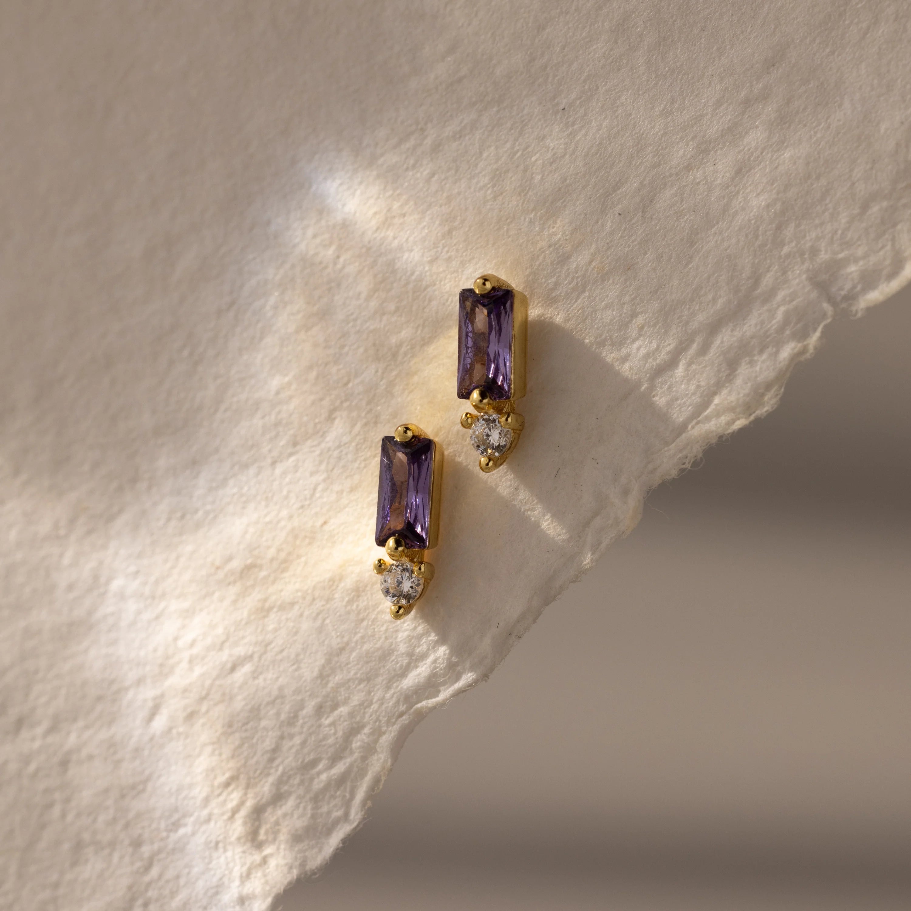 Diamond Baguette-Cut  Amethyst Drop Studs Silver 18K Gold Plated