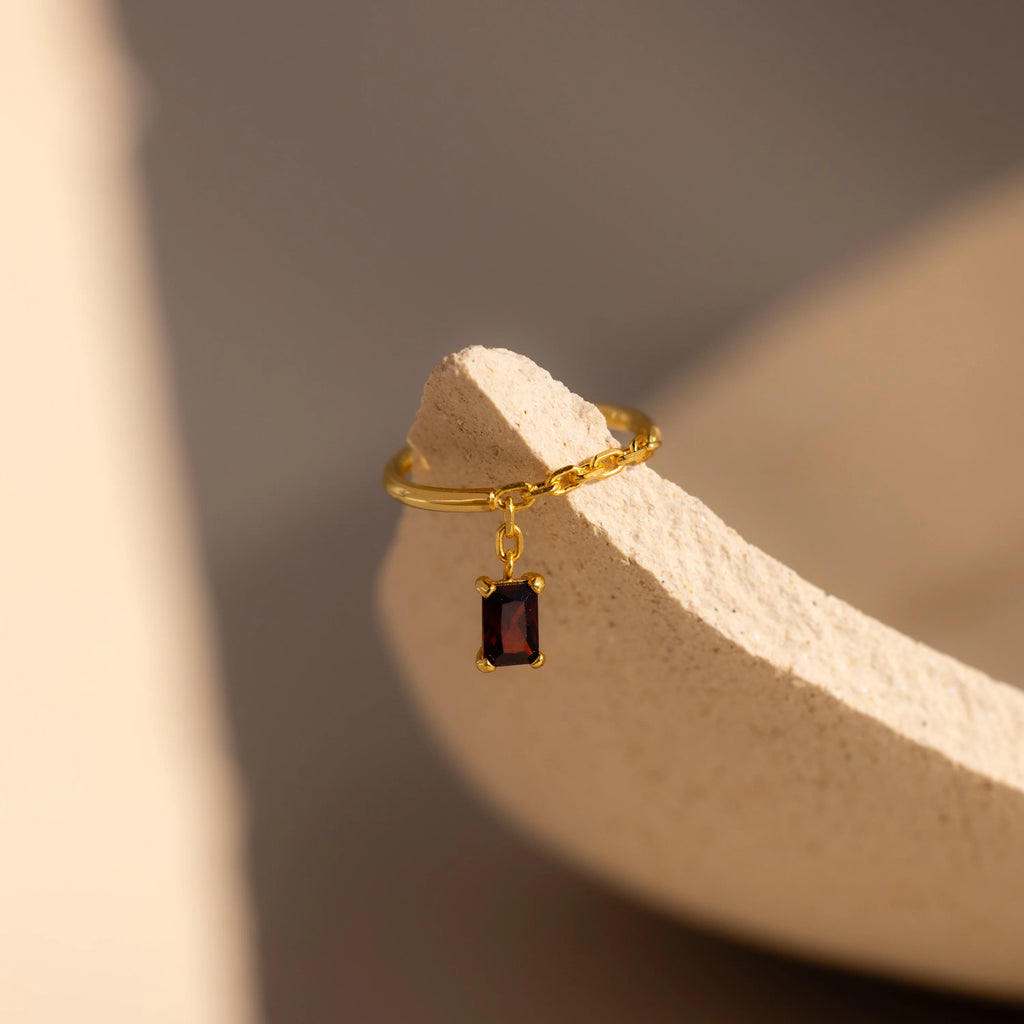 Garnet Drop Chain Ring Silver 18K Gold Plated