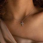 Pave Cross Charm Necklace Silver 18K Gold Plated