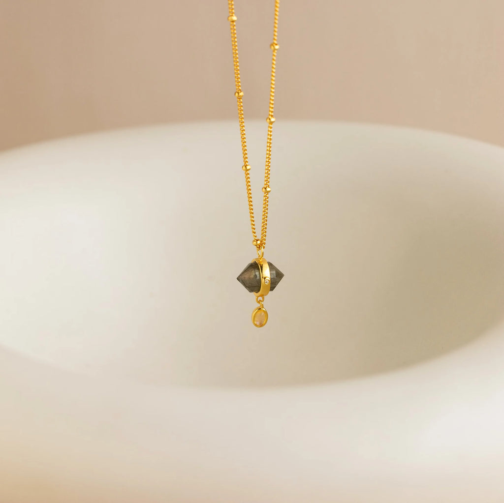 Labradorite & Moonstone Drop Necklace Silver 18K Gold Plated