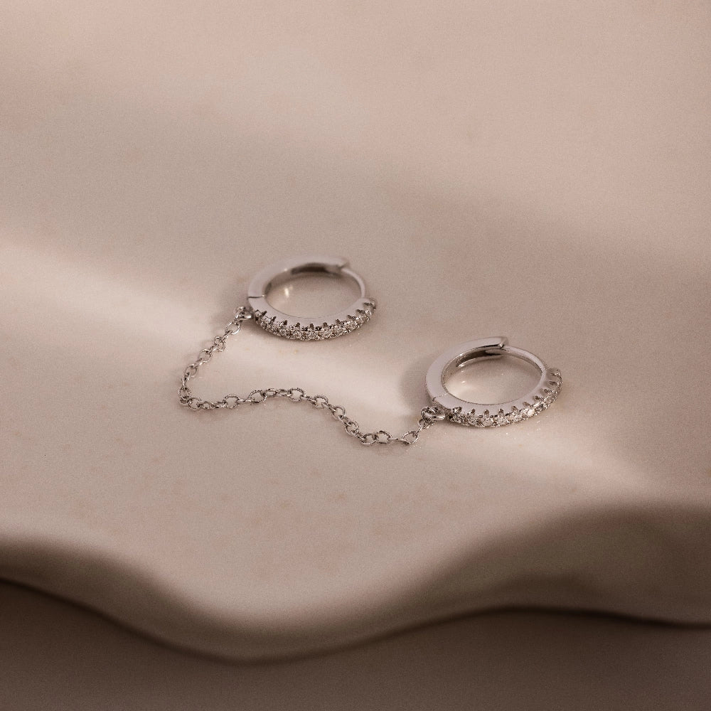 Pave Duo Chain Earring Silver 18K Gold Plated
