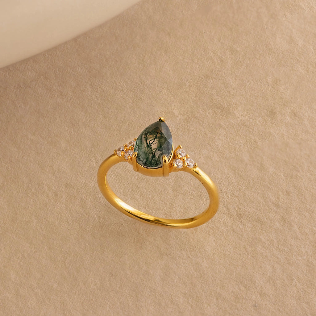 Moss Agate Teardrop Ring Silver 18K Gold Plated