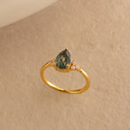 Moss Agate Teardrop Ring Silver 18K Gold Plated