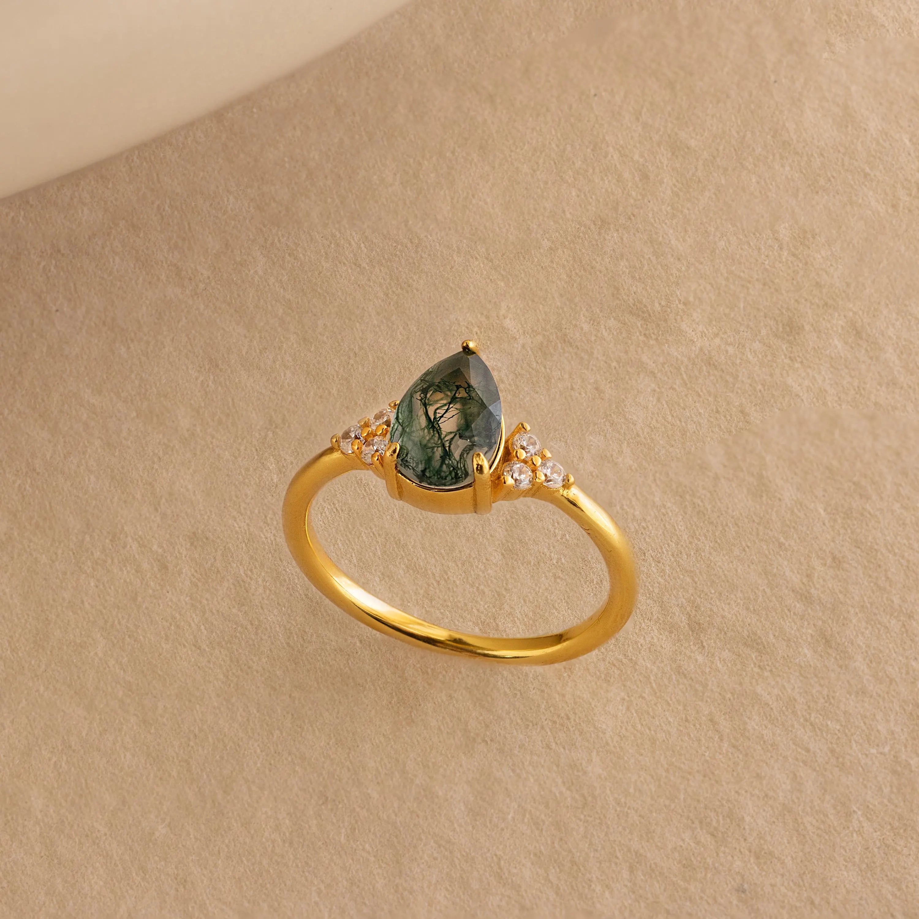 Moss Agate Teardrop Ring Silver 18K Gold Plated