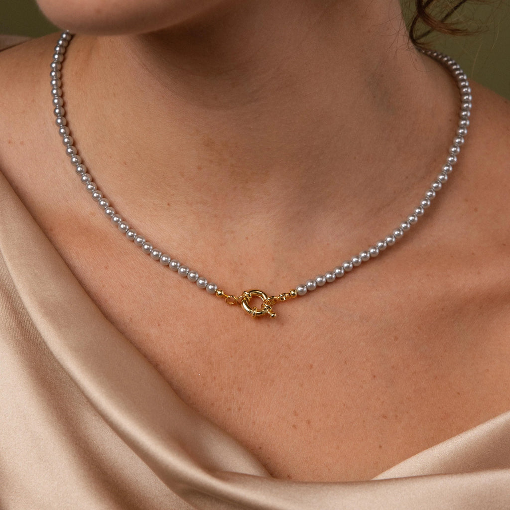 Grey Pearl Charm Necklace Silver 18K Gold Plated
