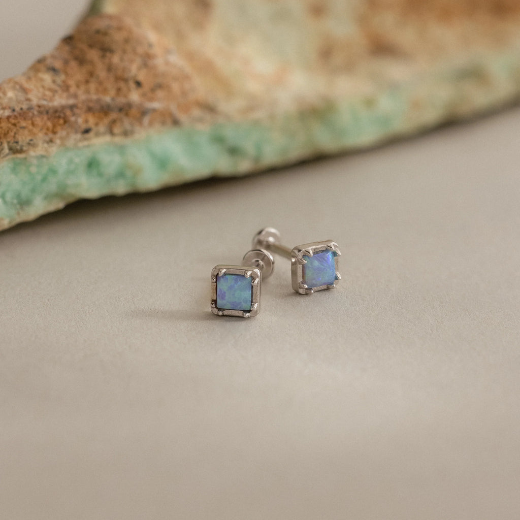 Blue Opal Prism Flatback Studs Silver 18K Gold Plated