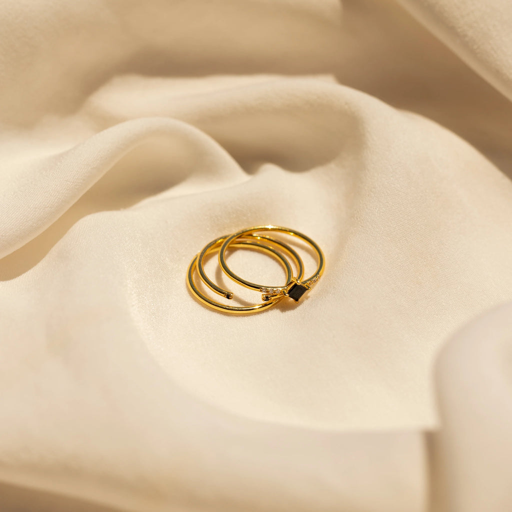 Diamond Onyx Ring Set Silver 18K Gold Plated