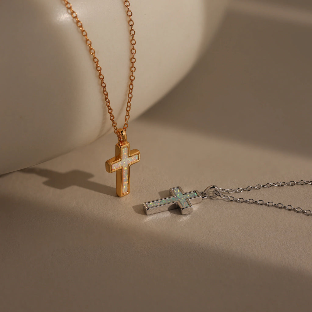 Opal Cross Necklace Silver 18K Gold Plated