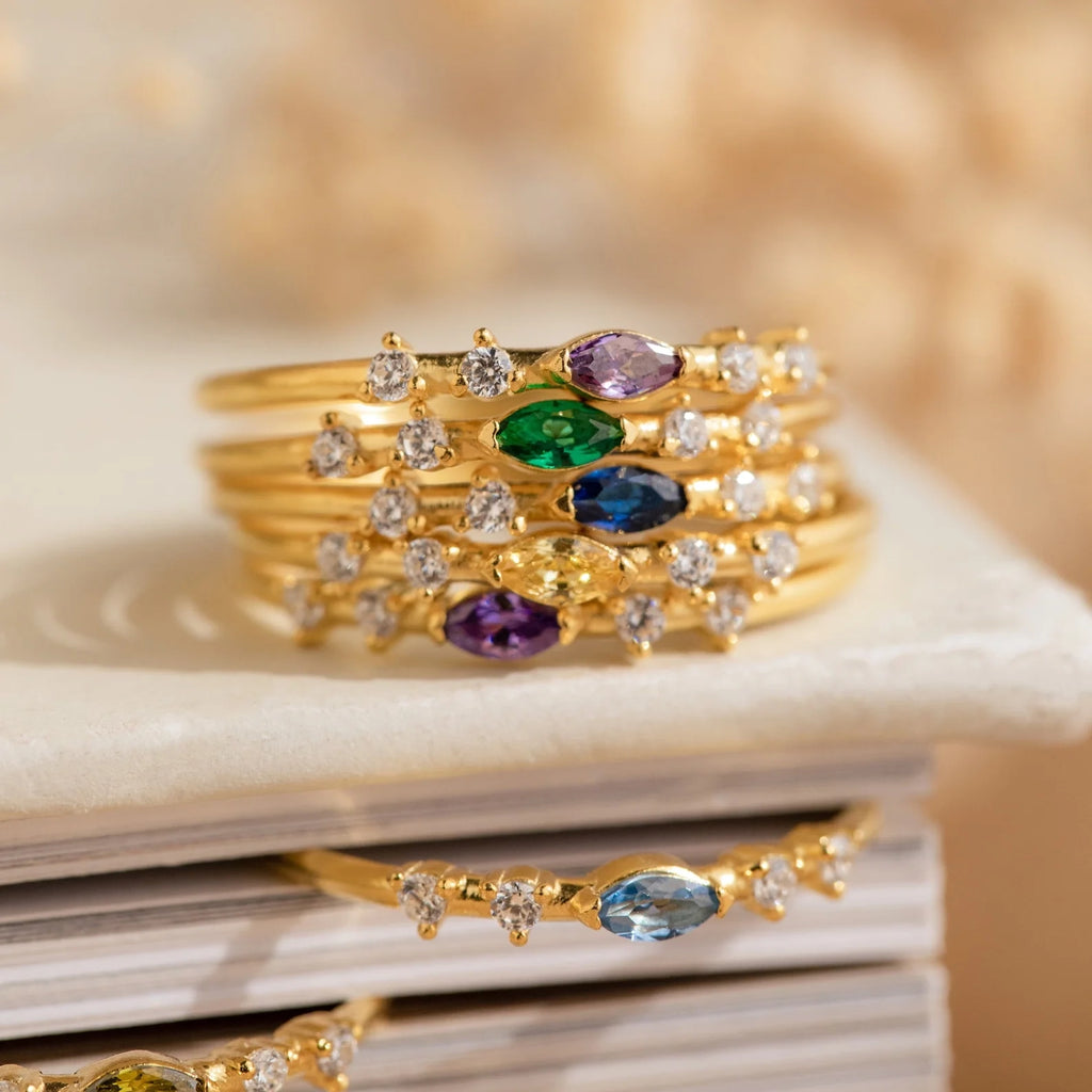Space Marquise Birthstone Ring Silver 18K Gold Plated