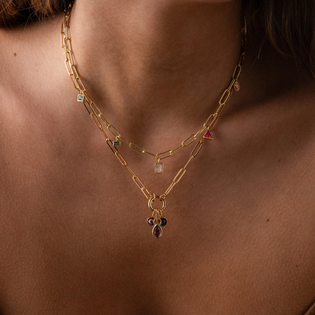 Mixed Birthstone Charm Necklace Silver 18K Gold Plated
