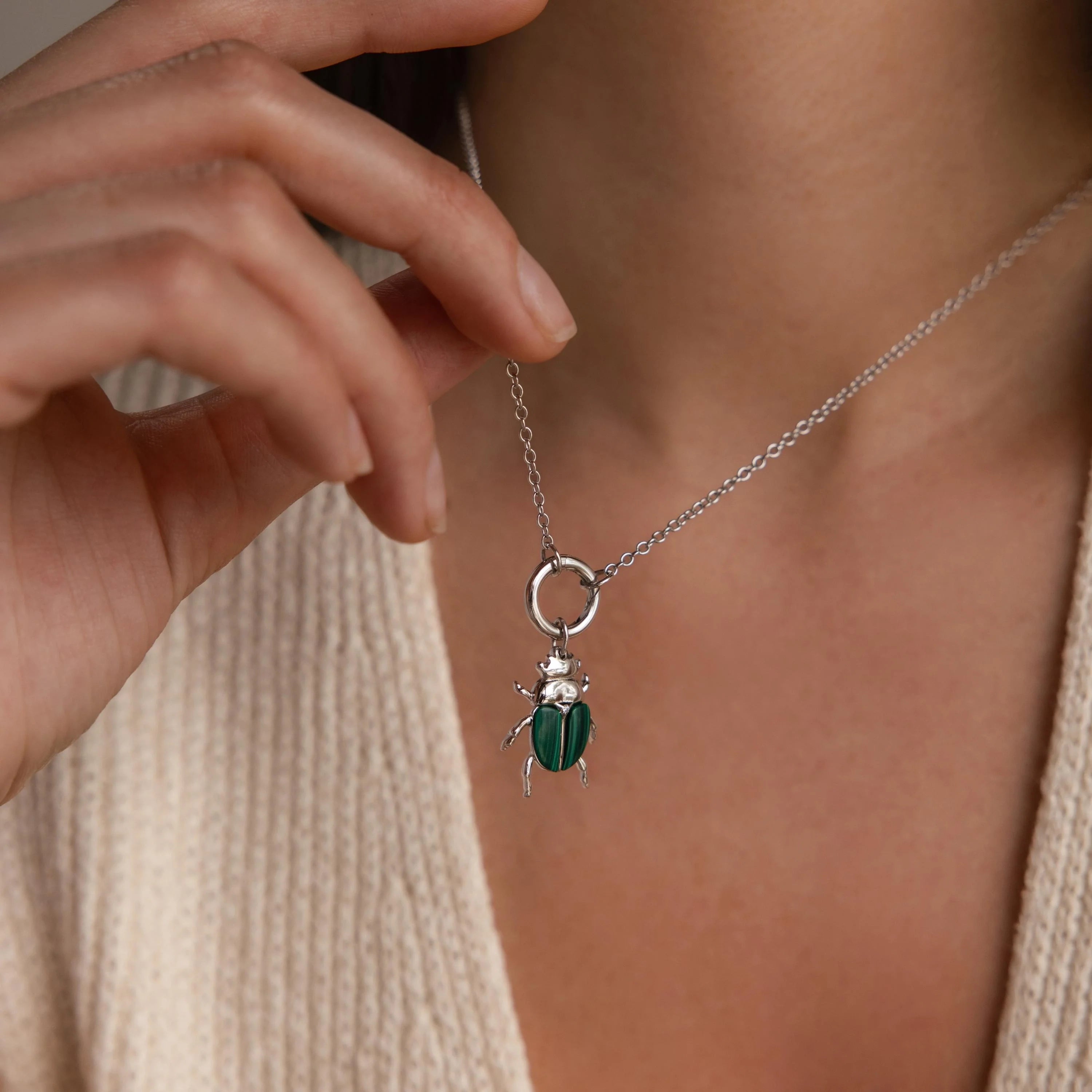 Malachite Beetle Charm Silver 18K Gold Plated