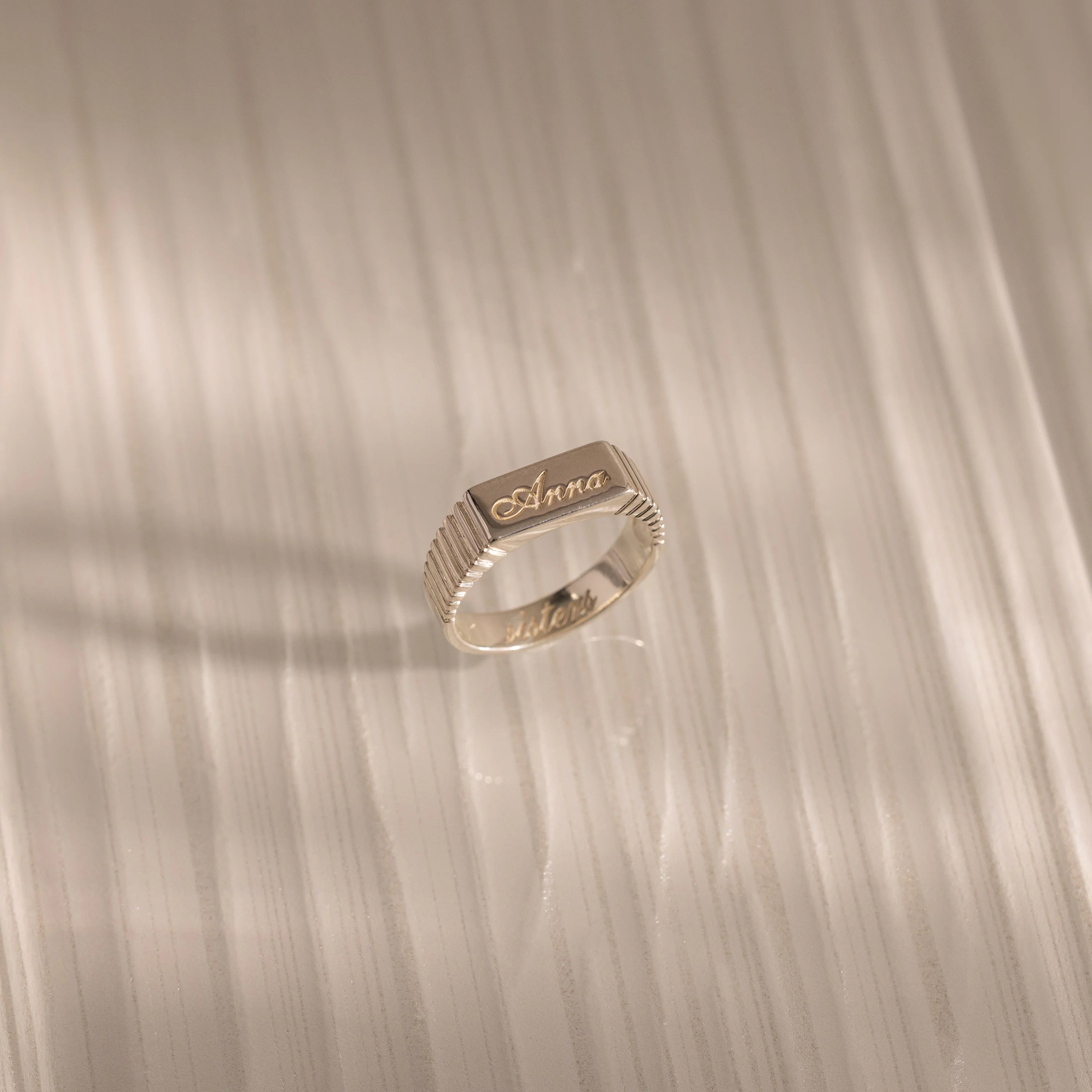Ribbed Name Signet Ring Silver 18K Gold Plated