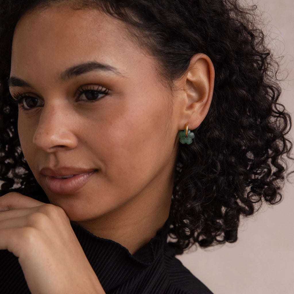 Jade Flower Hoops Silver 18K Gold Plated