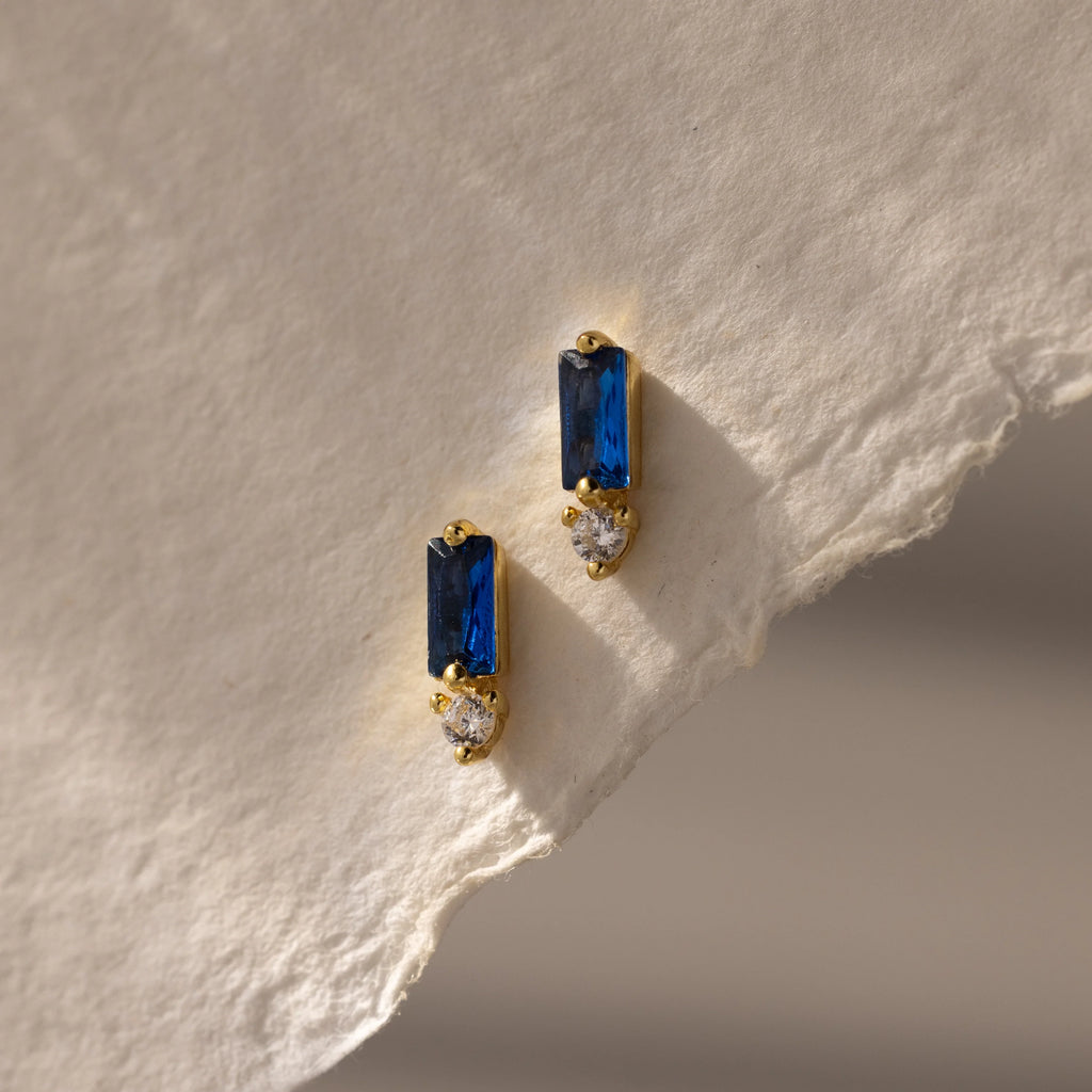 Baguette Cut Sapphire Drop Studs Silver 18K Gold Plated