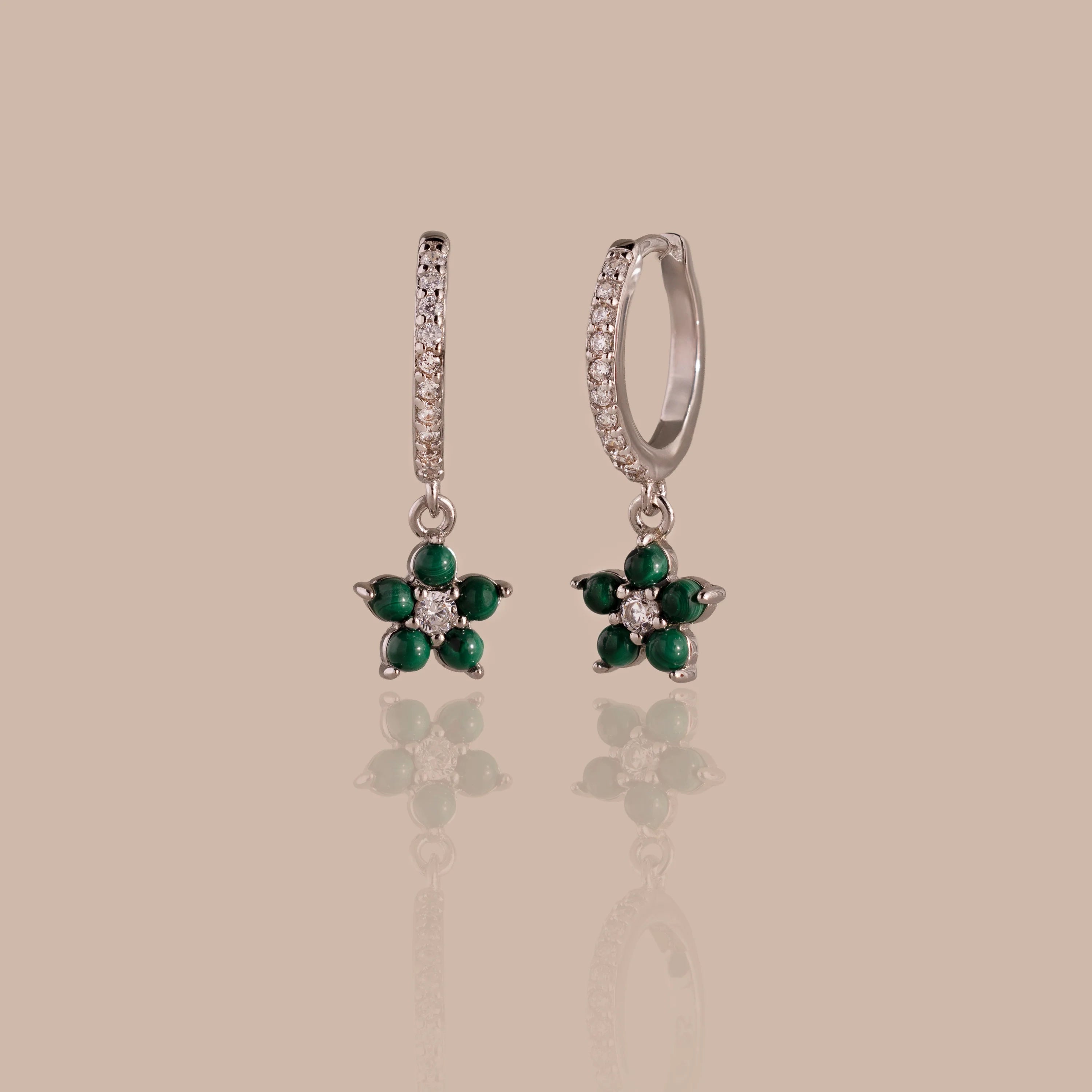 Malachite Blossom Drop Huggies Silver 18K Gold Plated